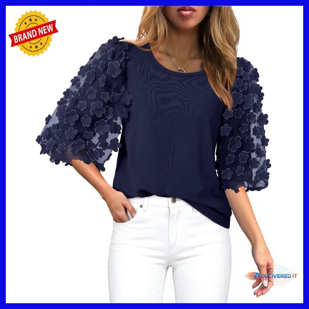 Cotton 3/4 Puff Sleeve Mesh Blouse with Appliques Women's Casual Top